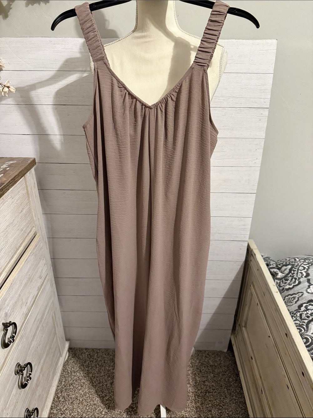 Maurices Taupe Ruched-Strap Maxi Jumpsuit